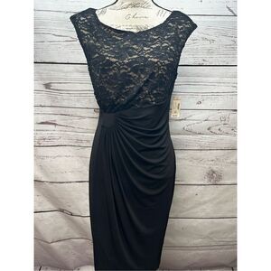 Dressbarn Black Lace Cap Sleeve Ruched‎ Sheath Dress Size 10
